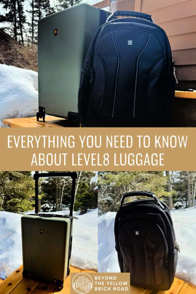 Photo collage of LEVEL8 luggage pieces including a green suitcase and black backpack. Text overlay reads "Everything you need to know about LEVEL8 Luggage."