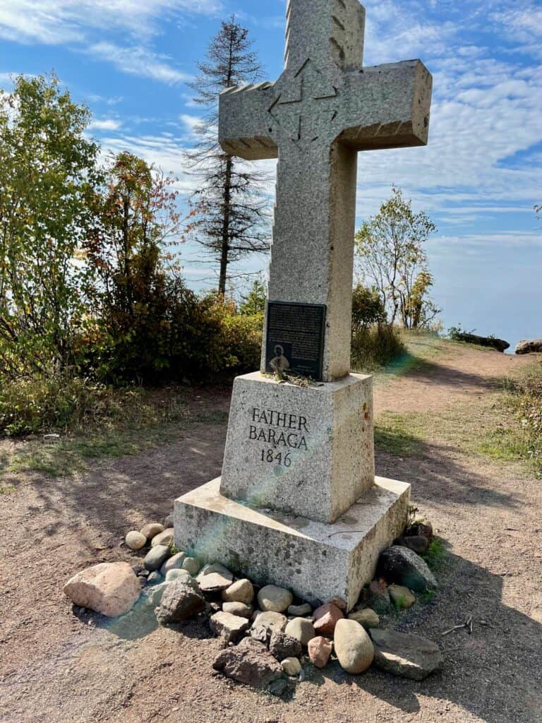 Large granite cross on the North Shore shoreline in Minnesota