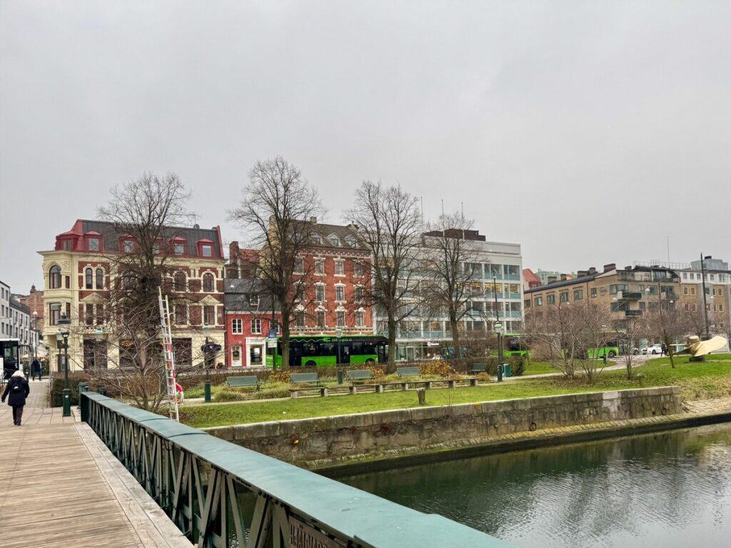 View from a Malmo canal bridge looking towards the city centre old town