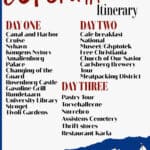 Info graphic listing out things to do in Copenhagen over a three day visit. Graphics include crowns, mermaids, pastries, and canal houses.