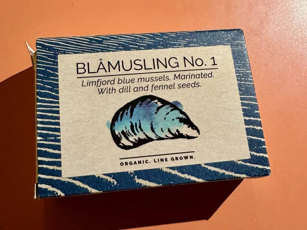 A box of blue mussels in fennel and dill from Denmark