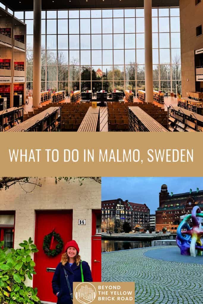 Photo collage of Malmo Sweden scenes including historic houses, Malmo Public Library, and the waterfront. Text overlay reads "What to do in Malmo Sweden"