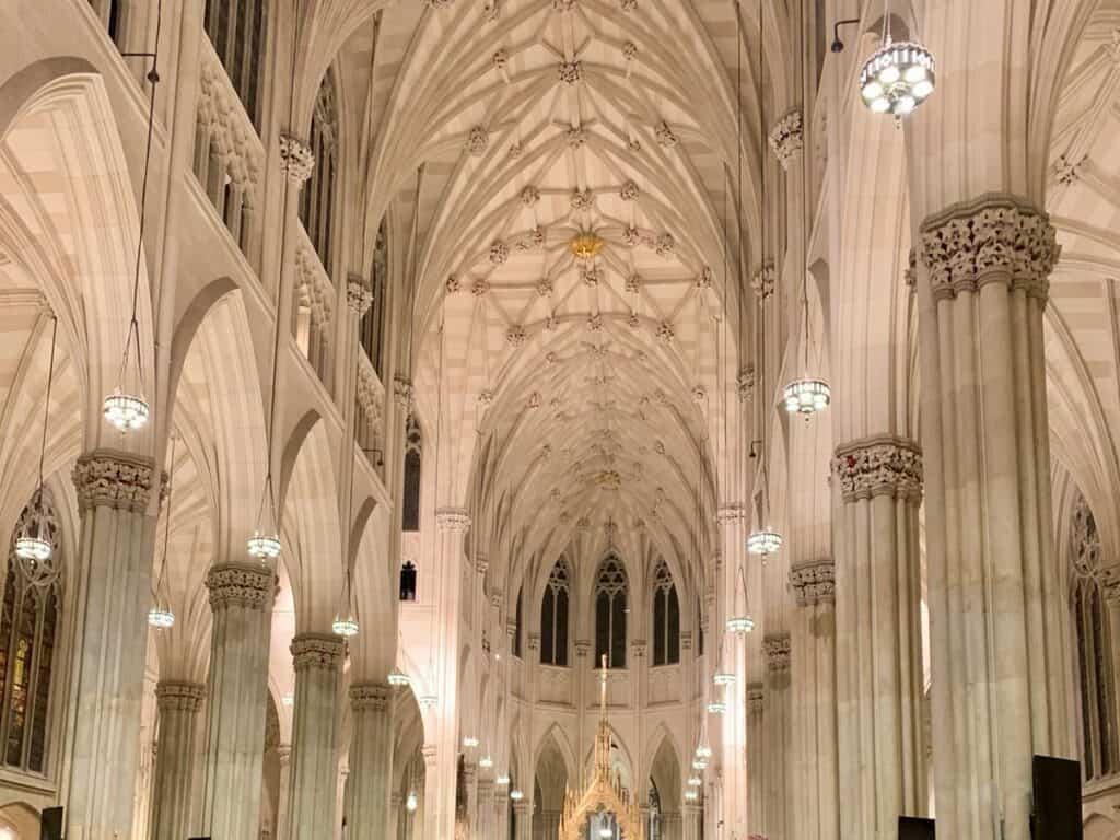 Marble pillars and ceilings inside New York City cathedral