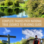 Photo collage of scenes from the Thames Path National Trail including signposts, riverbank, and woman posing in front of an abbey. Text overlay reads "Complete Thames Path National Trail (Source to Reading) Guide."